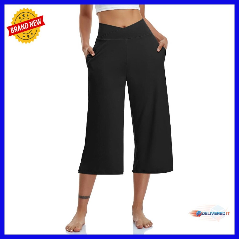 Women's High Waist Wide Leg Yoga Capris With Pockets Soft Stretch